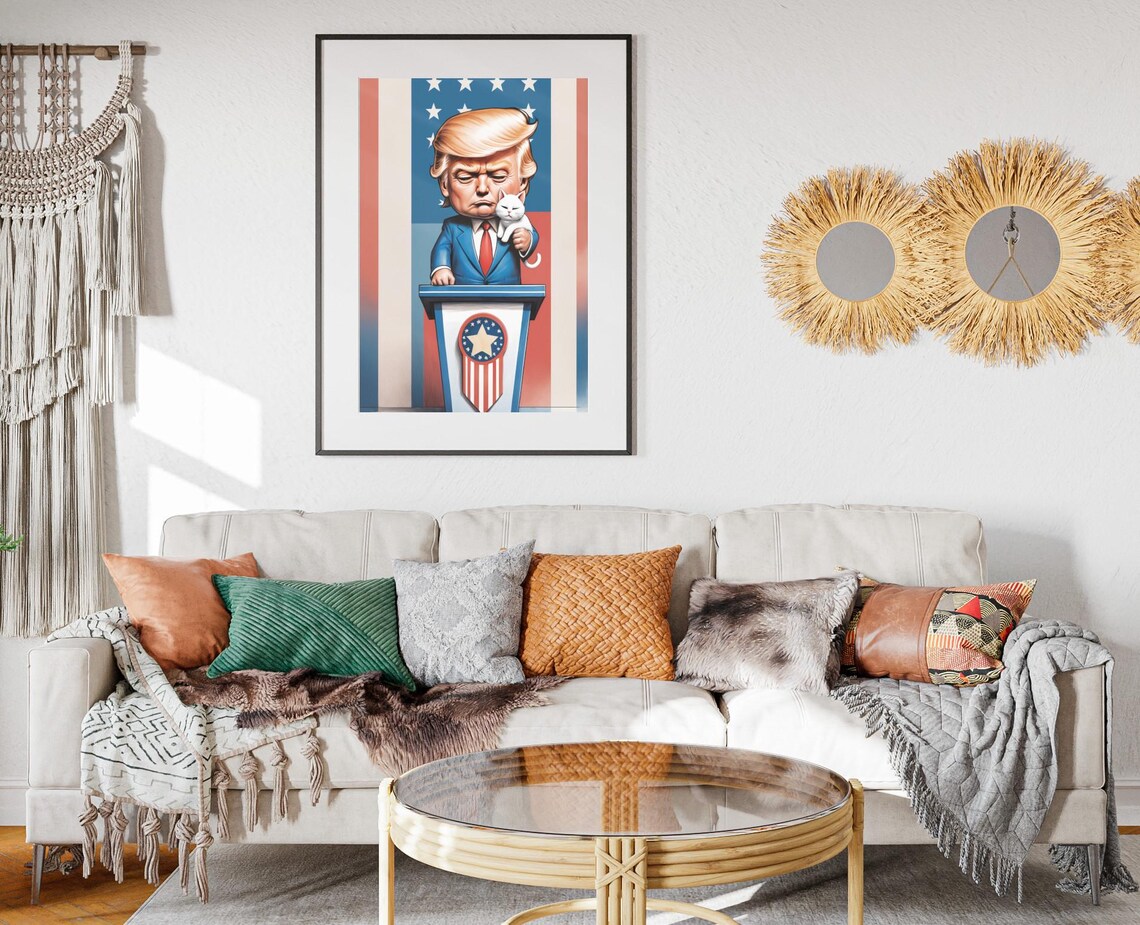 Donald Trump Holding White Cat At Podium Flag Seal Caricature Wall Art Poster - Image 2