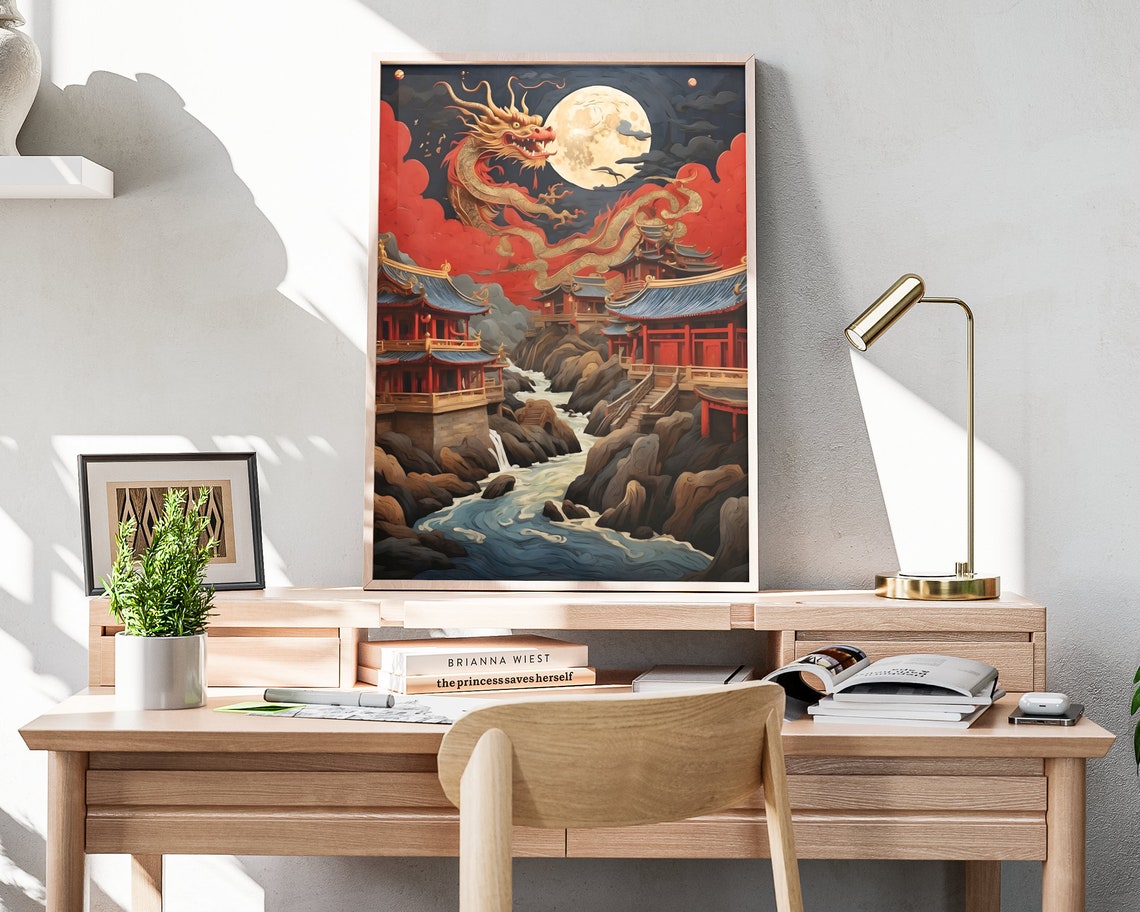 Chinese Dragon Moon Temples River Night Lunar New Year Poster - Image 4