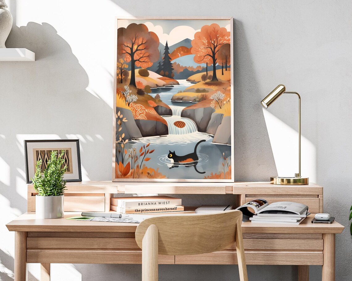 Swimming Black Cat Waterfall Pond Autumn Valley Folk Art Poster - Image 4