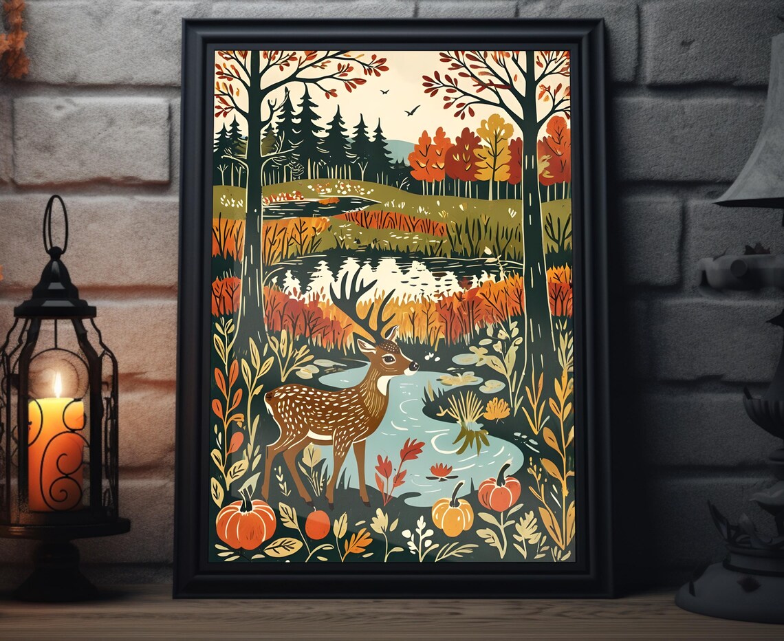 Fall Deer Woodcut Art Print, Autumn Pumpkin Forest