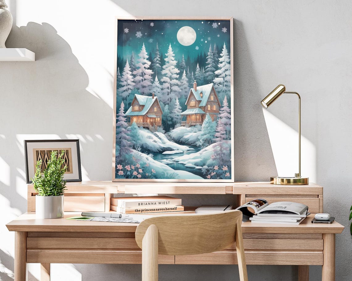 Snowy Winter Cabins Moonlit Pines Night Landscape Art Poster - Image 4