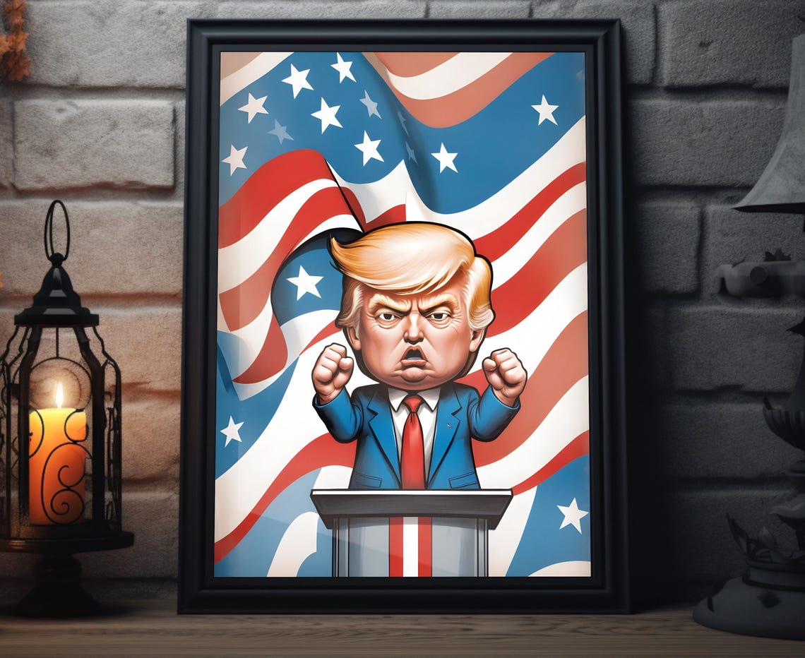 Donald Trump Caricature Art Print Maga Painting Artwork Trump Fist Pump Wall Art Make America Great Again Decor President Trump Poster