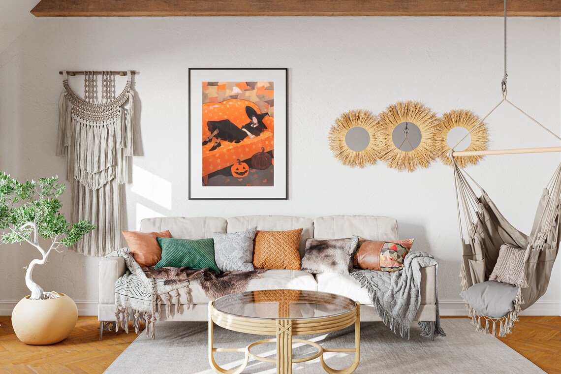 Lounging Witch On Pumpkin Star Couch Jack O Lanterns Halloween Art Poster - Image 2