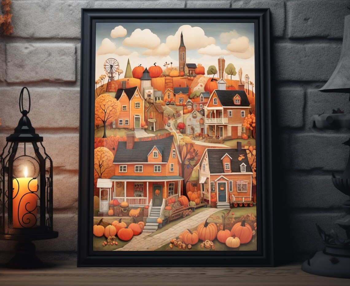 Autumn Town Church Windmill Pumpkin Streets Fall Folk Art Poster
