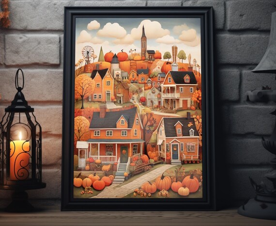 Autumn Town Church Windmill Pumpkin Streets Fall Folk Art Poster