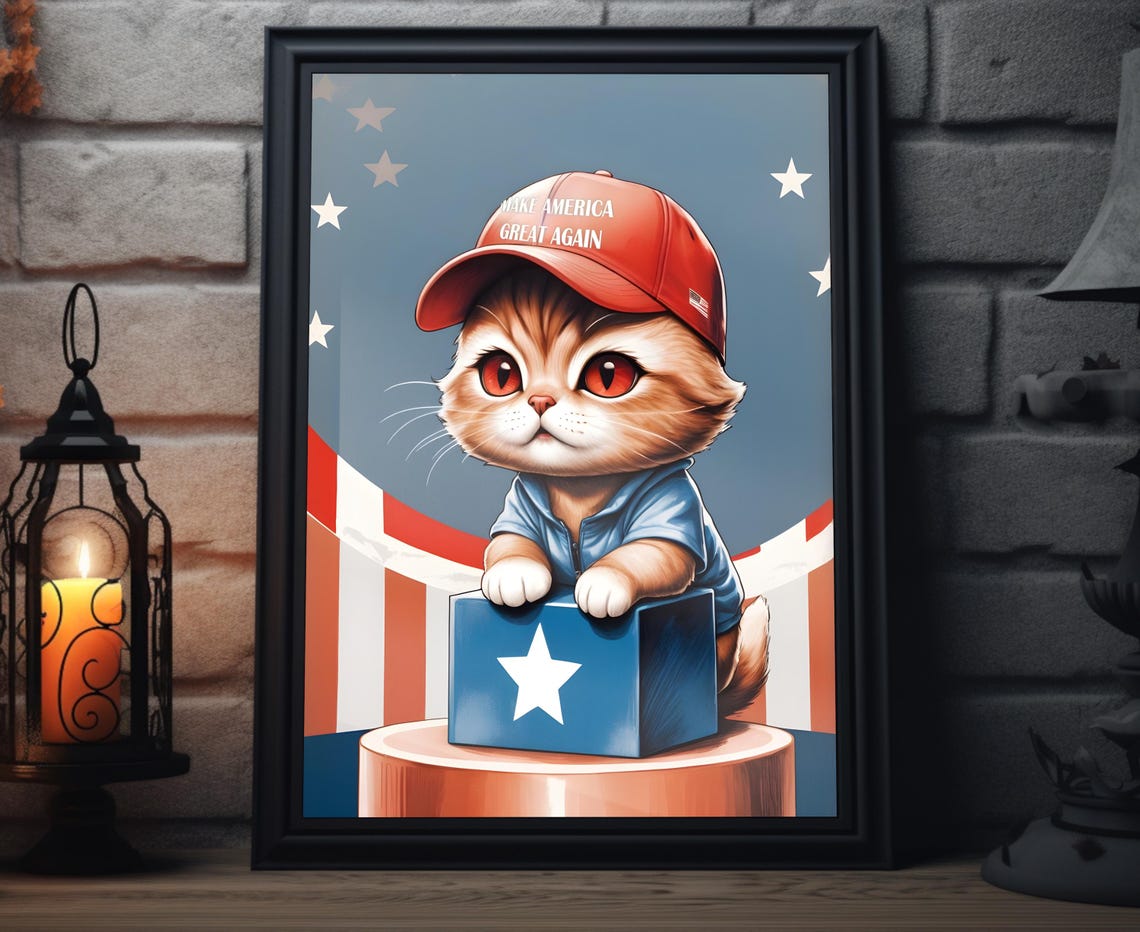 MAGA Kitten With Ballot Box Red Cap Caricature Patriotic Cat Poster