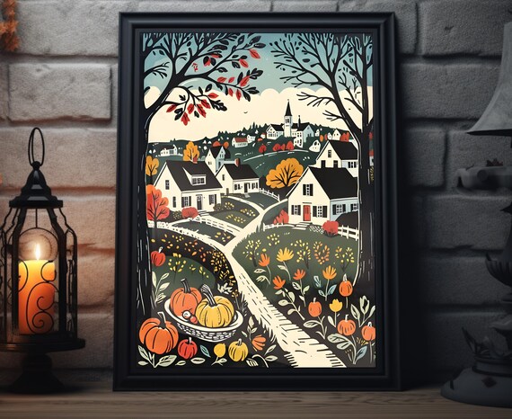 Fall Countryside Town Pumpkin Basket Path Woodcut Art Poster
