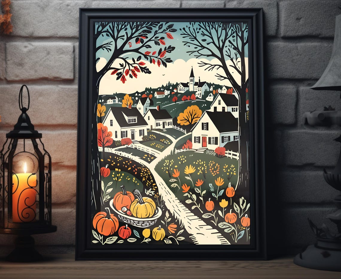 Fall Countryside Town Pumpkin Basket Path Woodcut Art Poster
