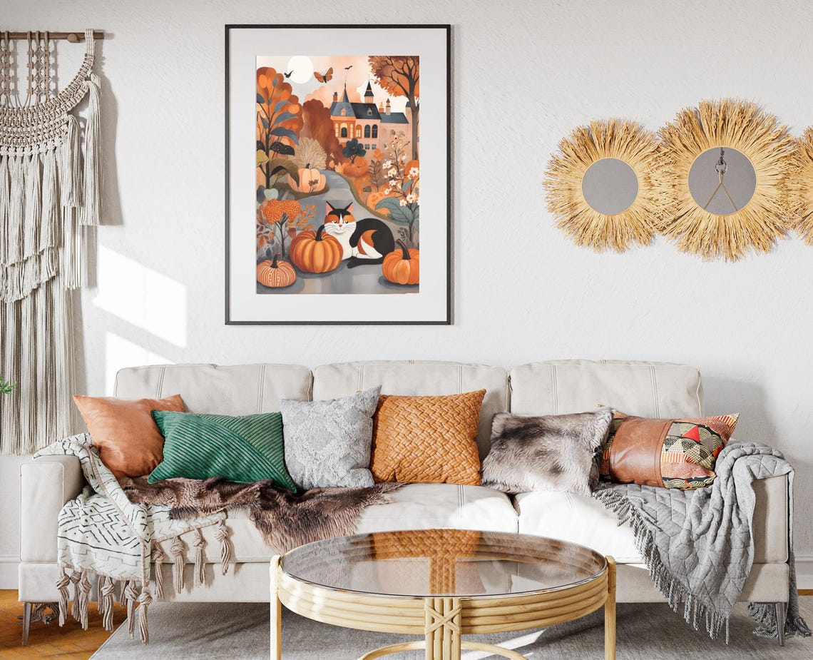 Calico Cat Pumpkin Patch Autumn Manor Path Fall Folk Art Poster - Image 2