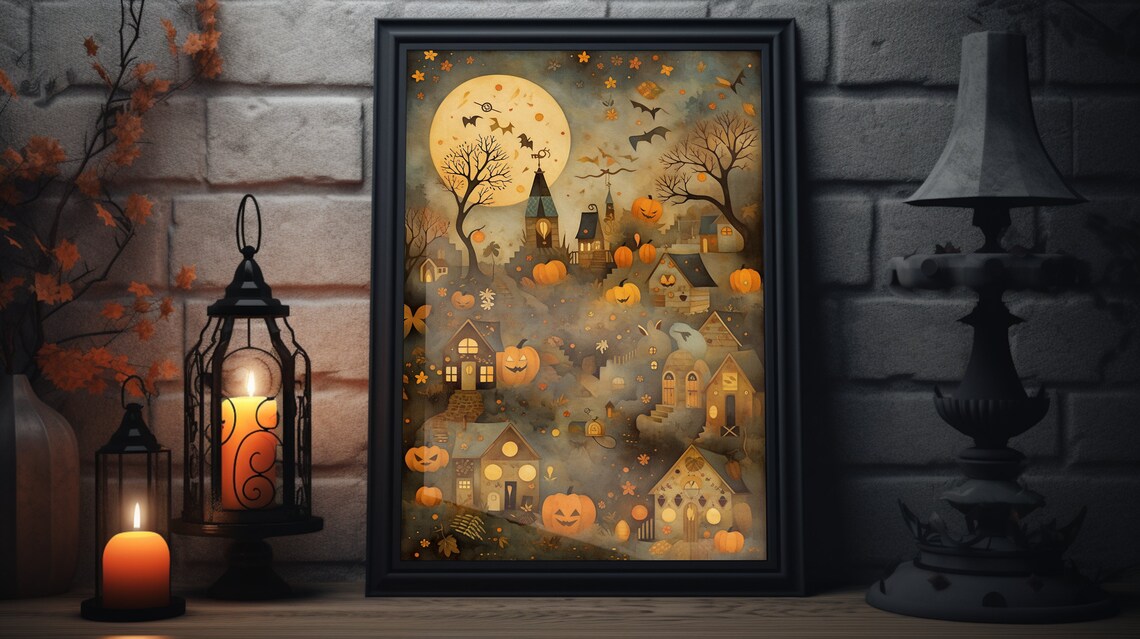 Spooky Town Pumpkins, Folk Art Vintage Poster