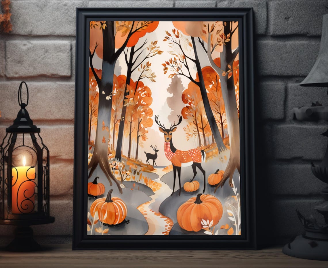 Autumn Deer Pair Forest Stream Pumpkin Fall Foliage Art Poster