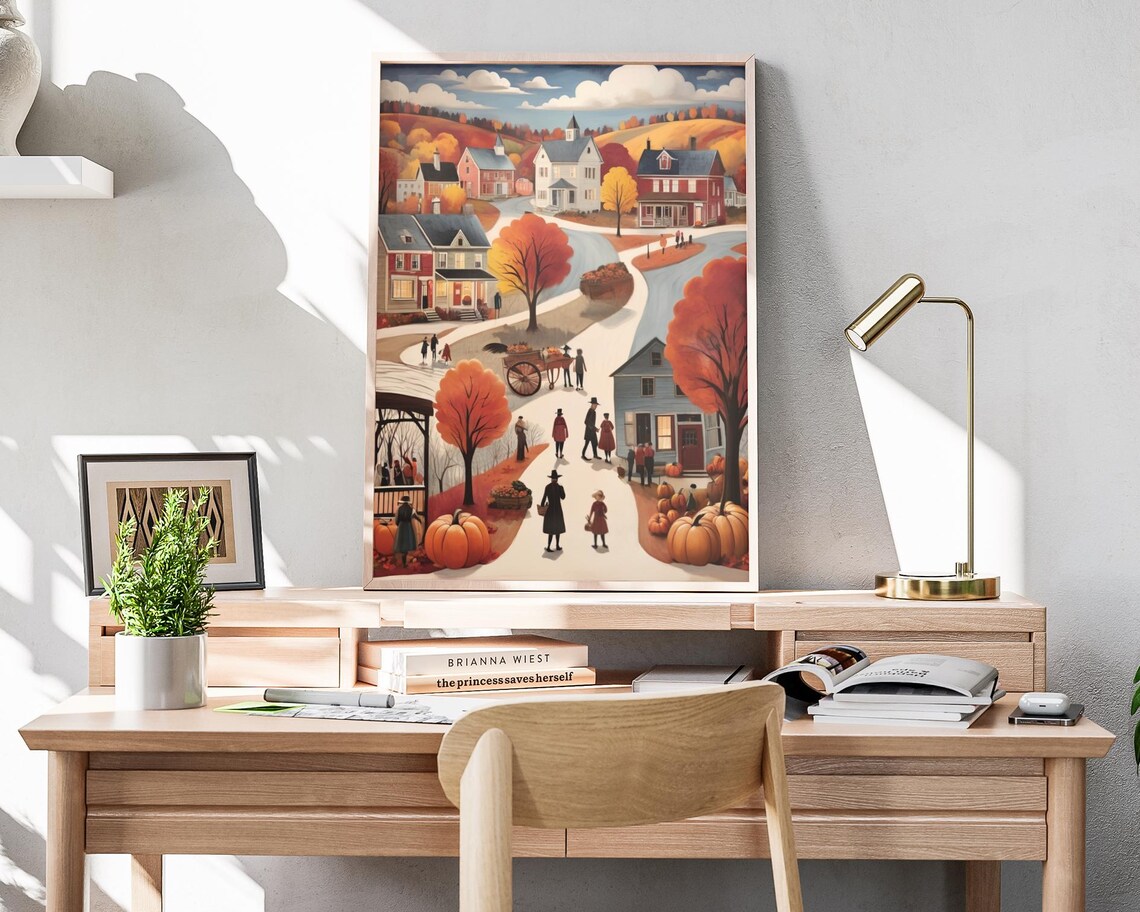 Autumn Town Street Pumpkins Orange Trees Horse Cart Fall Scene Poster - Image 4