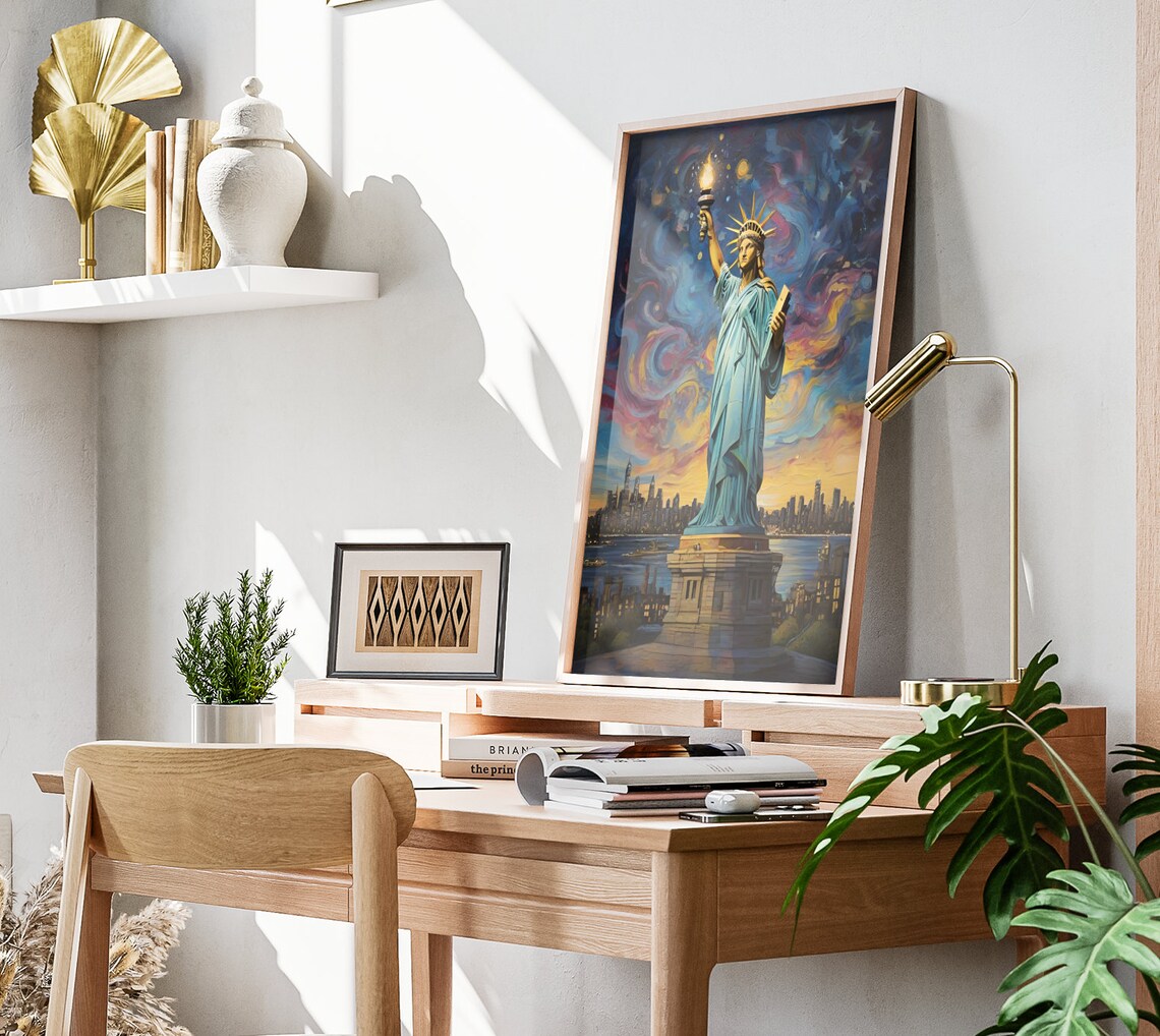 New York Statue Of Liberty Starry Night Skyline Torch Harbor Art Poster - Image 2
