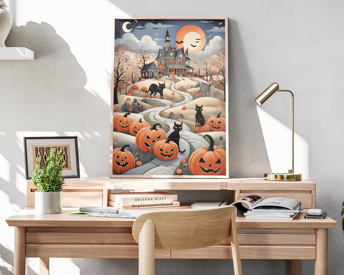 Halloween Black Cats Haunted Mansion Pumpkins Moon Night Poster - Image 4