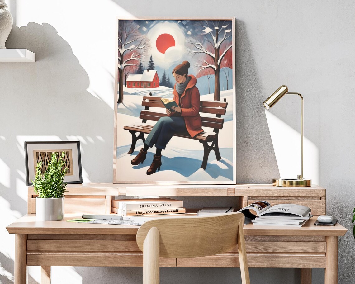 Winter Book Lover Woman Reading on Snowy Bench Cozy Folk Art Poster - Image 4