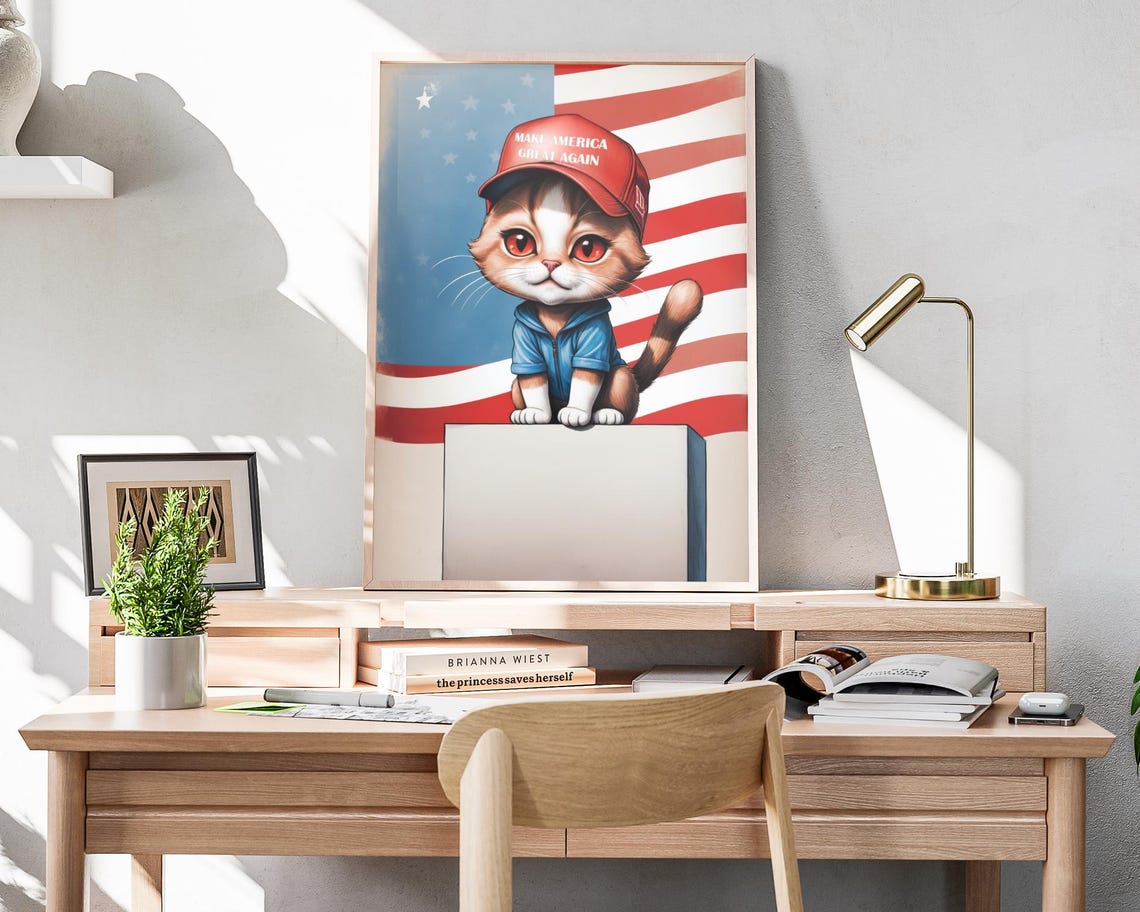 MAGA Kitten Caricature Red Cap Blue Jacket American Flag Cute Poster - Image 4