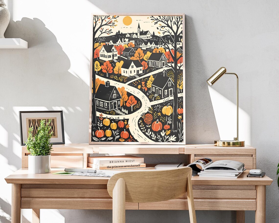 Fall Harvest Town Woodcut Village Scenic Orange Tree Art Print - Image 4