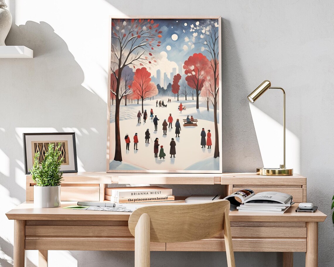 Winter City Park Snow Gathering Red Trees Skyline Festive Art Poster - Image 4