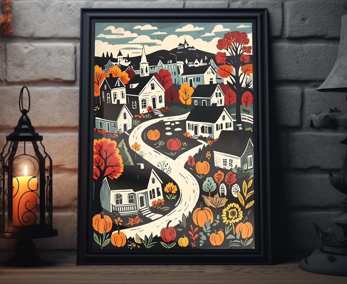 Charming Fall Town Winding Road Pumpkins Harvest Woodcut Poster