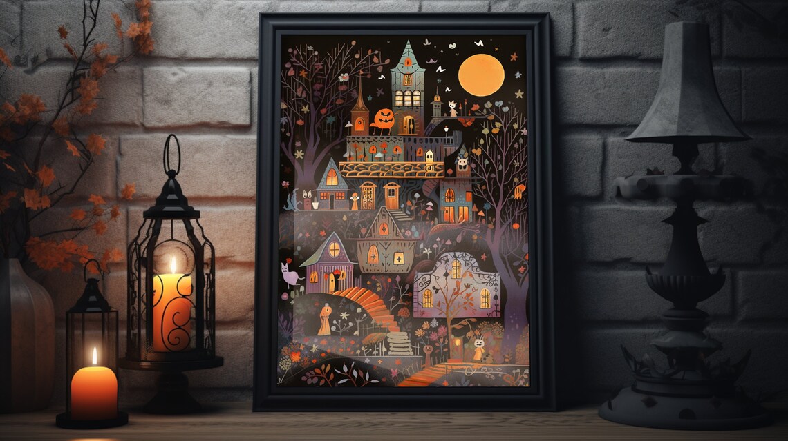 Vintage Halloween Town at Night Folk Art Poster
