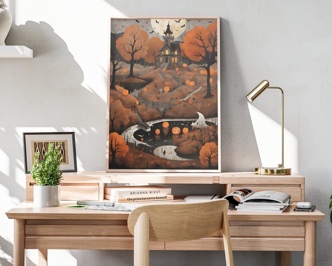 Haunted Hilltop House With Pumpkins Halloween Night Art Poster - Image 4