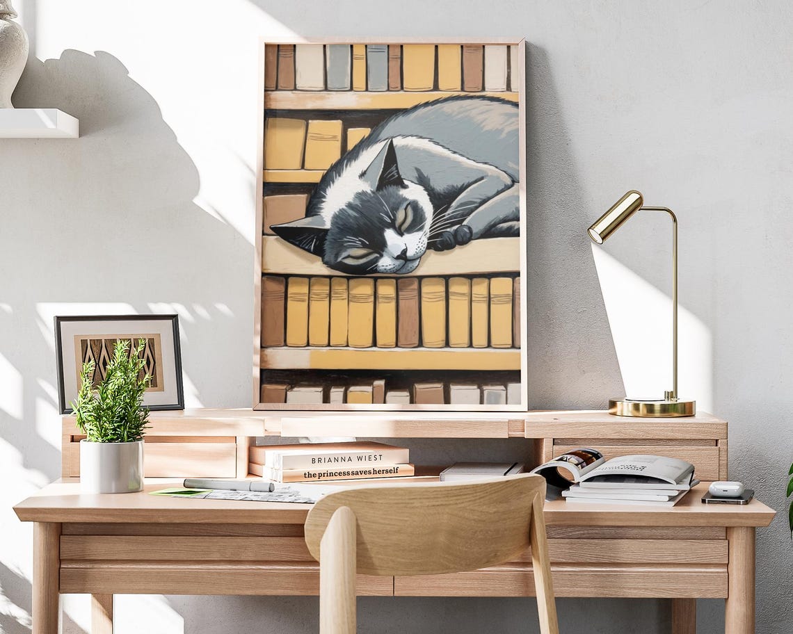 Sleeping Gray Cat Bookshelf Library Cozy Cat Lover Wall Art Print - Image 4