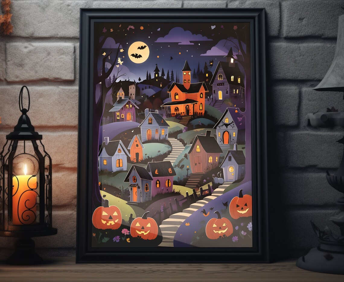 Spooky Halloween Village Night Purple Sky Pumpkins Folk Art Poster