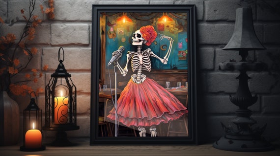 Singing Skeleton Halloween Poster Vintage Bar Cart Art Fall Prints Cute Decor Alcohol Decoration