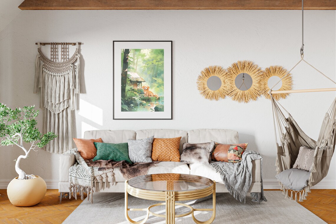 Golden Dog Forest Pond Watercolor Woodland Cabin Serene Pet Art Poster - Image 2
