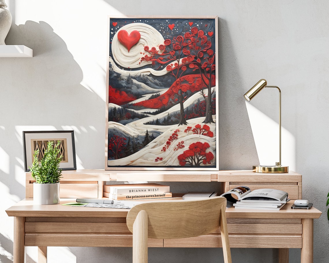 Valentines Snowy Night Heart Moon Red Trees Romantic Folk Art Poster - Image 4