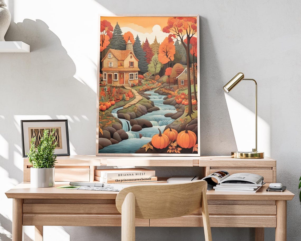 Autumn River Waterfall Cottages Pumpkin Banks Folk Art Poster - Image 4