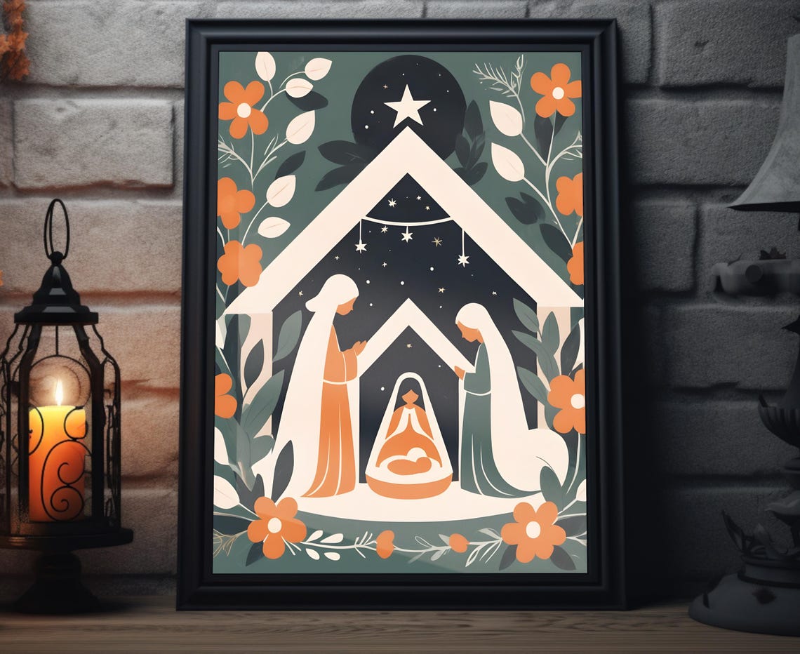 Boho Minimalist Nativity White Stable Baby Jesus Star Holiday Poster