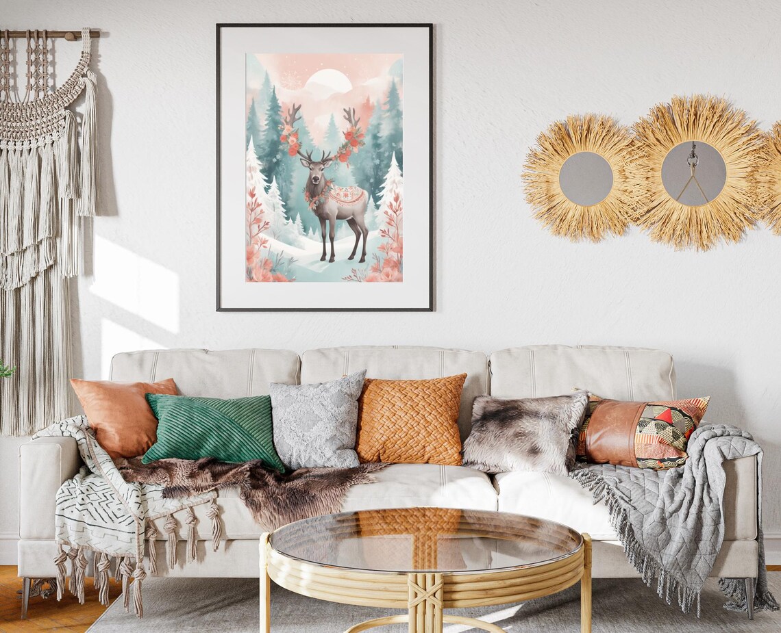 Reindeer Floral Antlers Snowy Pink Forest Winter Holiday Art Poster - Image 2