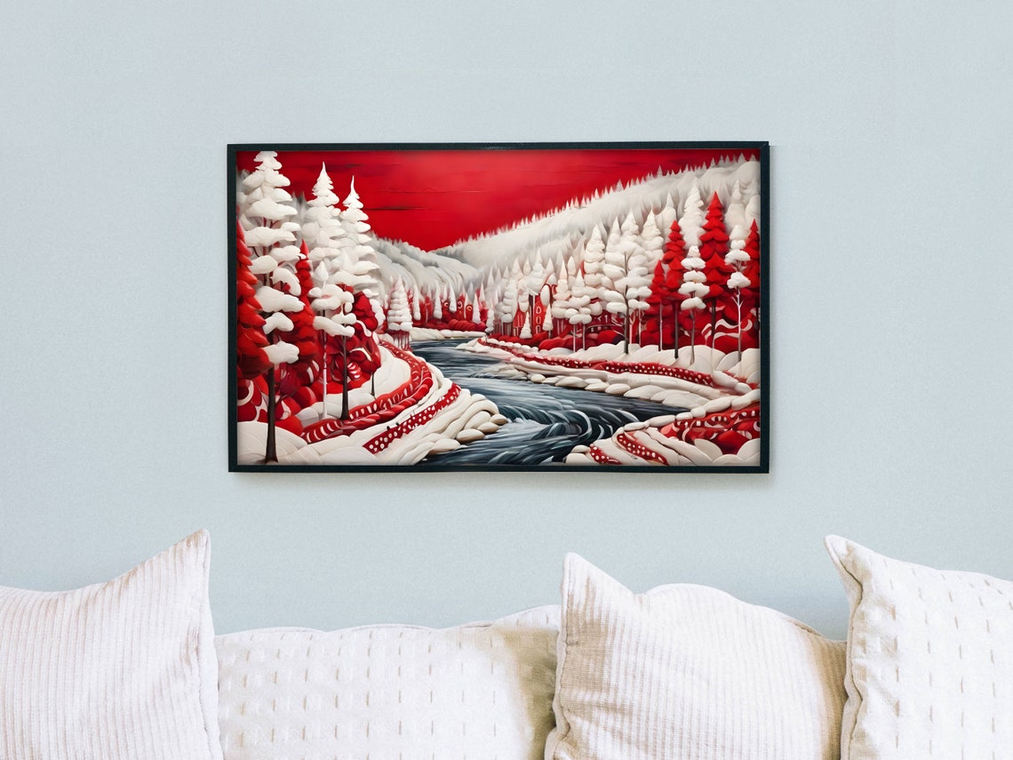 Folk Art Red White Forest River Snowy Sky Winter Landscape Poster - Image 2