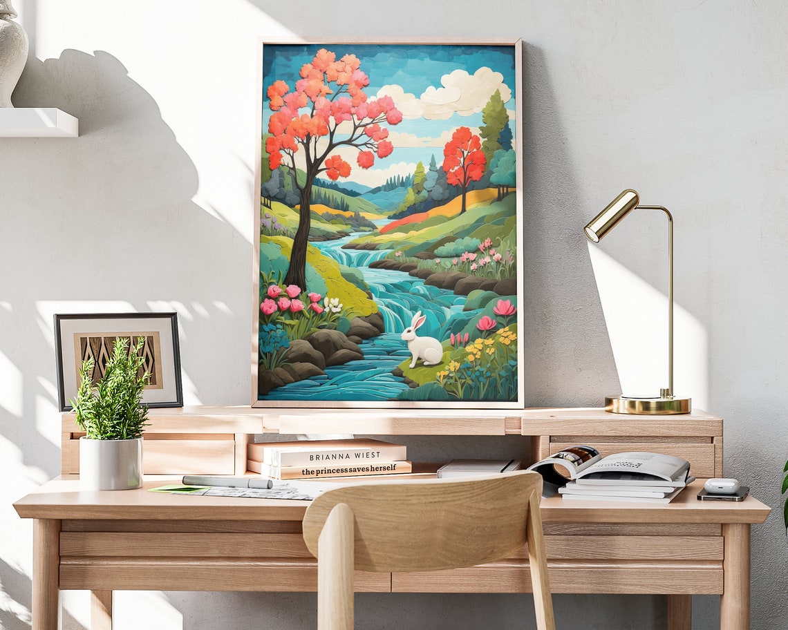 Spring Forest Stream White Rabbit Blossom Trees Folk Art Poster - Image 4