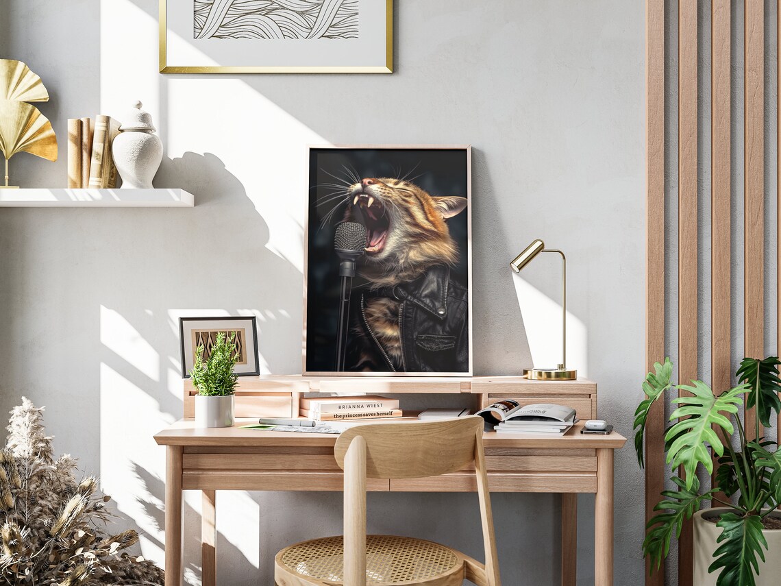 Tabby Cat In Leather Jacket Singing Into Microphone Humor Wall Art Poster - Image 4