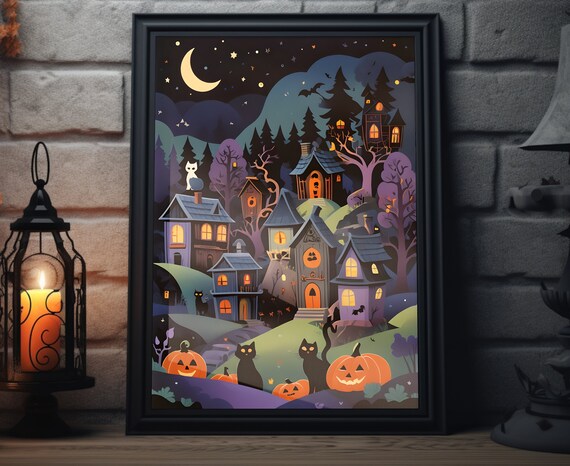 Halloween Night Town With Black Cats And Jack O Lanterns Wall Art Poster