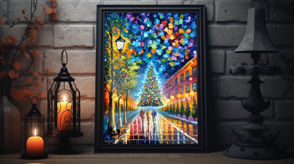 Impressionist Christmas Tree City Street Night Reflections Art Poster