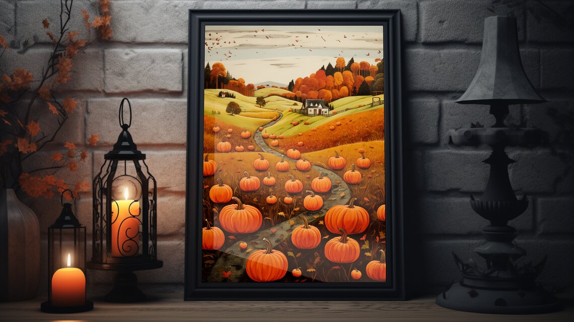 Vintage Pumpkin Patch Folk Art, Thanksgiving Art Print