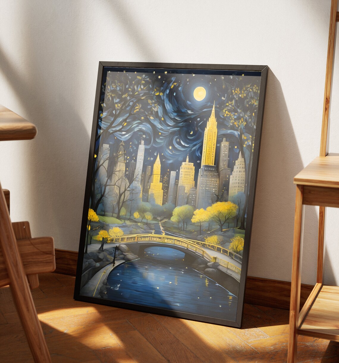 New York Central Park Night Bridge Moonlit Skyline Swirling Sky Art Poster - Image 4