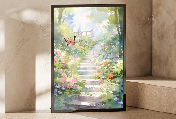 Butterflies In Claude Monet Style Watercolor Painting Poster Enchanting Garden Scene Floral Design Ideal Gift For Nature Enthusiasts