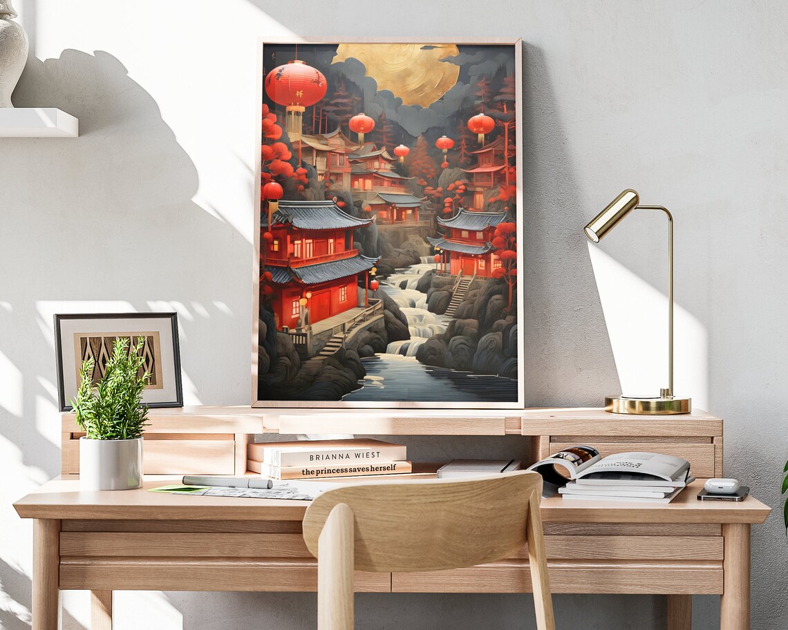 Chinese Red Lantern Village Night Golden Moon Lunar New Year Poster - Image 4