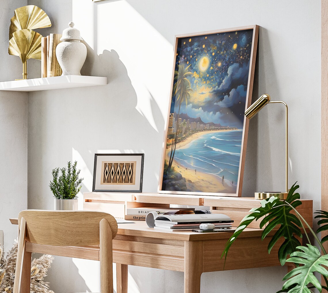 Hawaii Moonlit Beach Starry Night Palms City Lights Ocean View Poster - Image 2