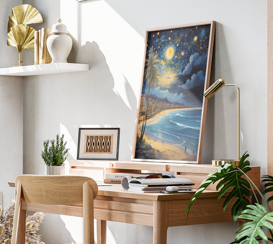 Hawaii Starry Night Matte Wall Art Hawaiian Beach Artwork Coastal Island Print Hawaii Painting Hawaiian Decor Hawaii Folk Art Poster - Image 2
