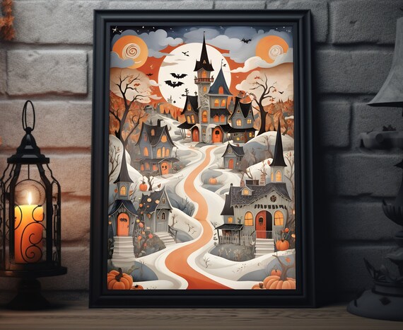 Halloween Haunted Hill Town Orange Moonlit Path Pumpkins Poster