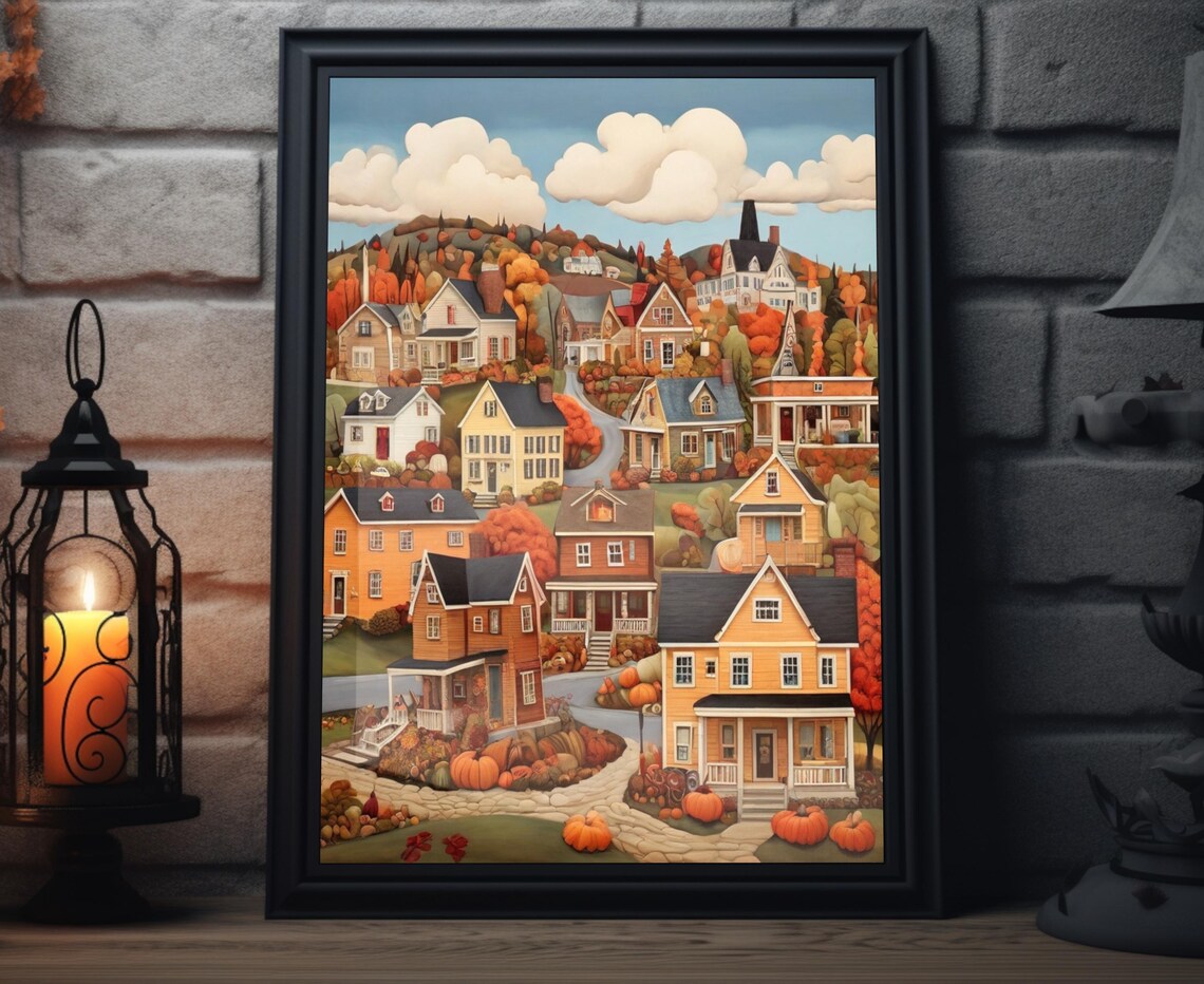 Fall Town Folk Art, Autumn Pumpkin Poster Print