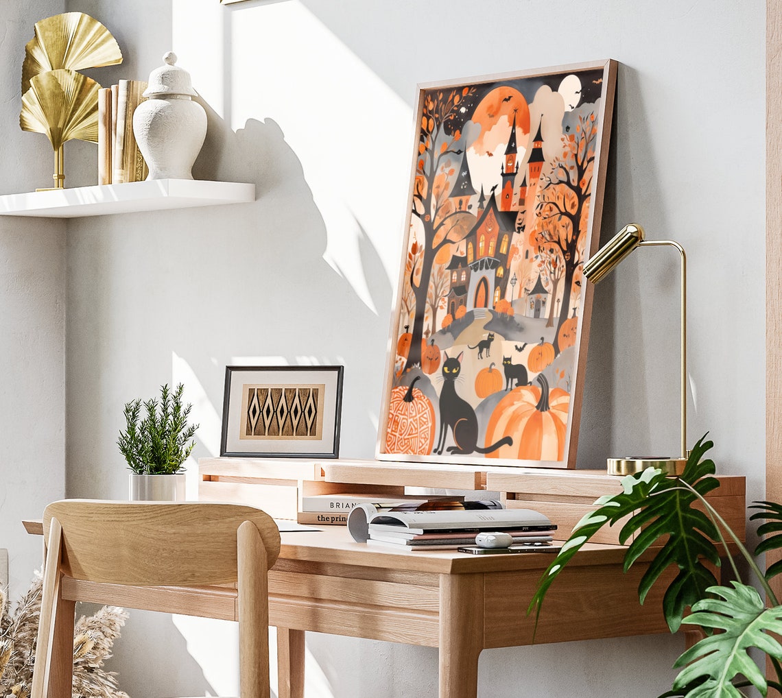 Halloween Black Cats Haunted House Hill Pumpkins Moon Poster - Image 3