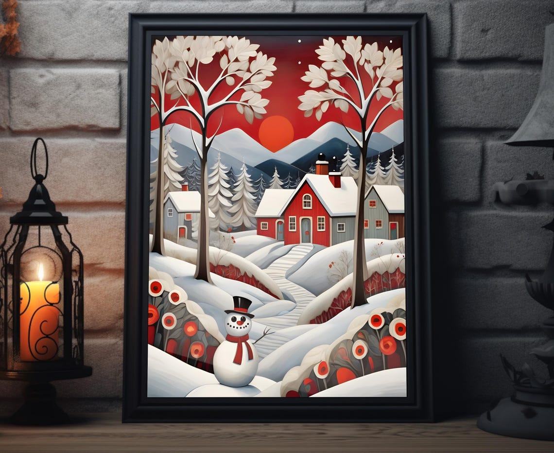 Cute Snowman Red Barn Snowy Village Sunset Christmas Art Poster