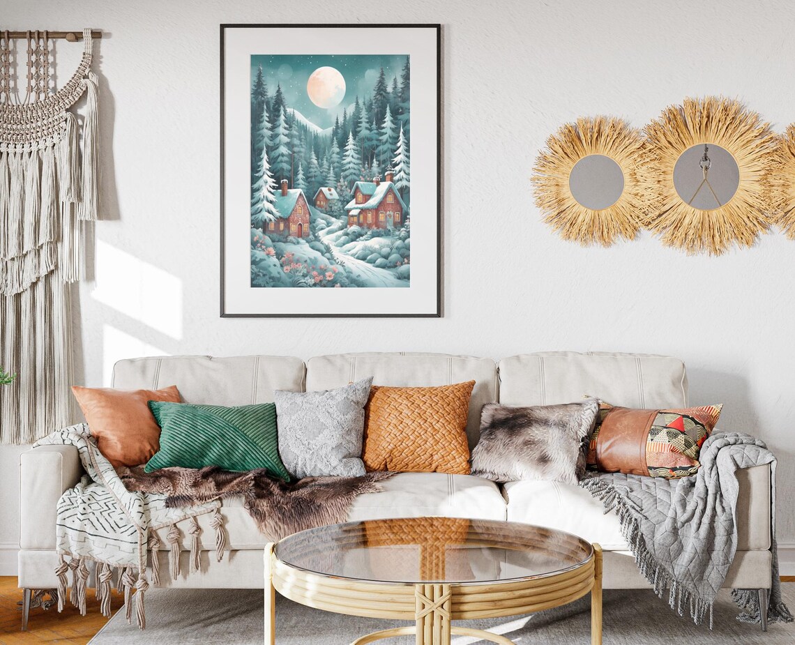 Moonlit Winter Forest Cottage Snowy Pines Floral Night Art Poster - Image 2