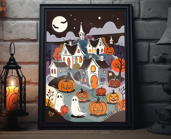 Spooky Halloween Town Ghosts Pumpkins Moonlit Night Folk Art Poster